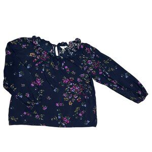 Time & Tru Navy Floral Long Sleeve Blouse Women's Size L Romantic Casual Boho